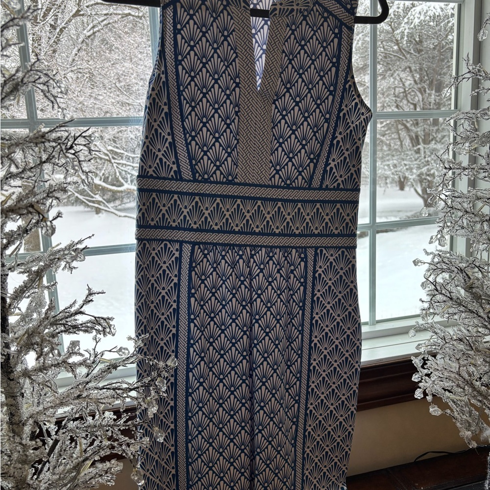 J. McLaughlin Navy and Cream Geometric Midi Dress
